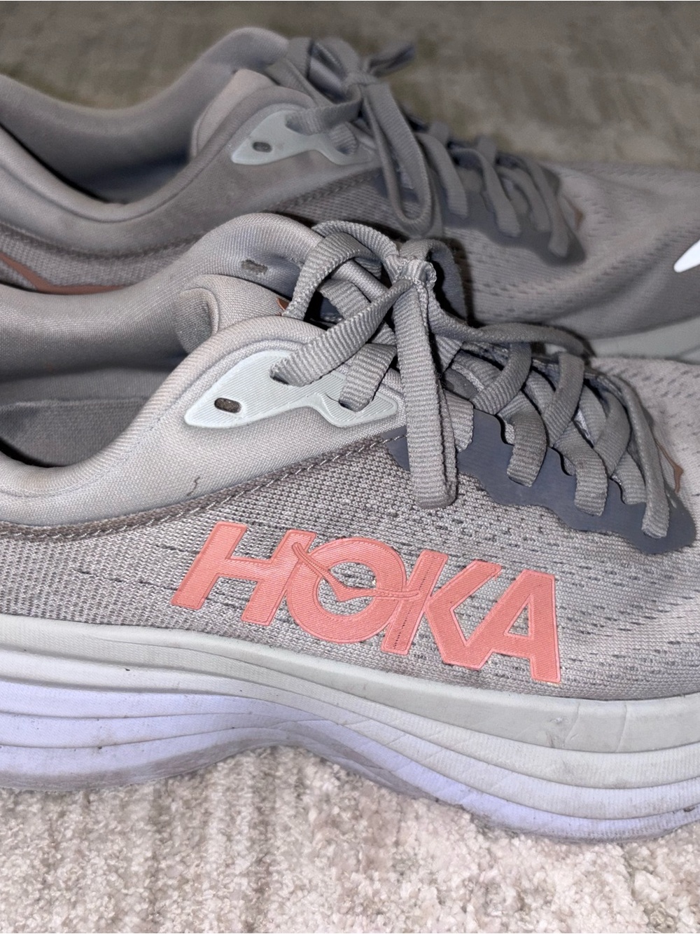 Hoka Women's Light Gray Athletic Shoes with Pink Logo